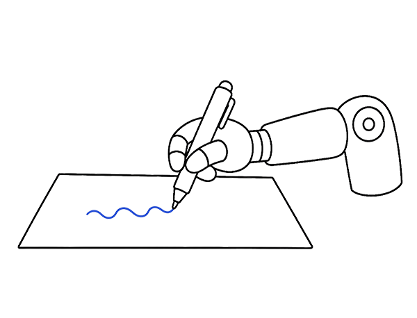 A robotic arm holding a pen and drawing a wavy line on paper