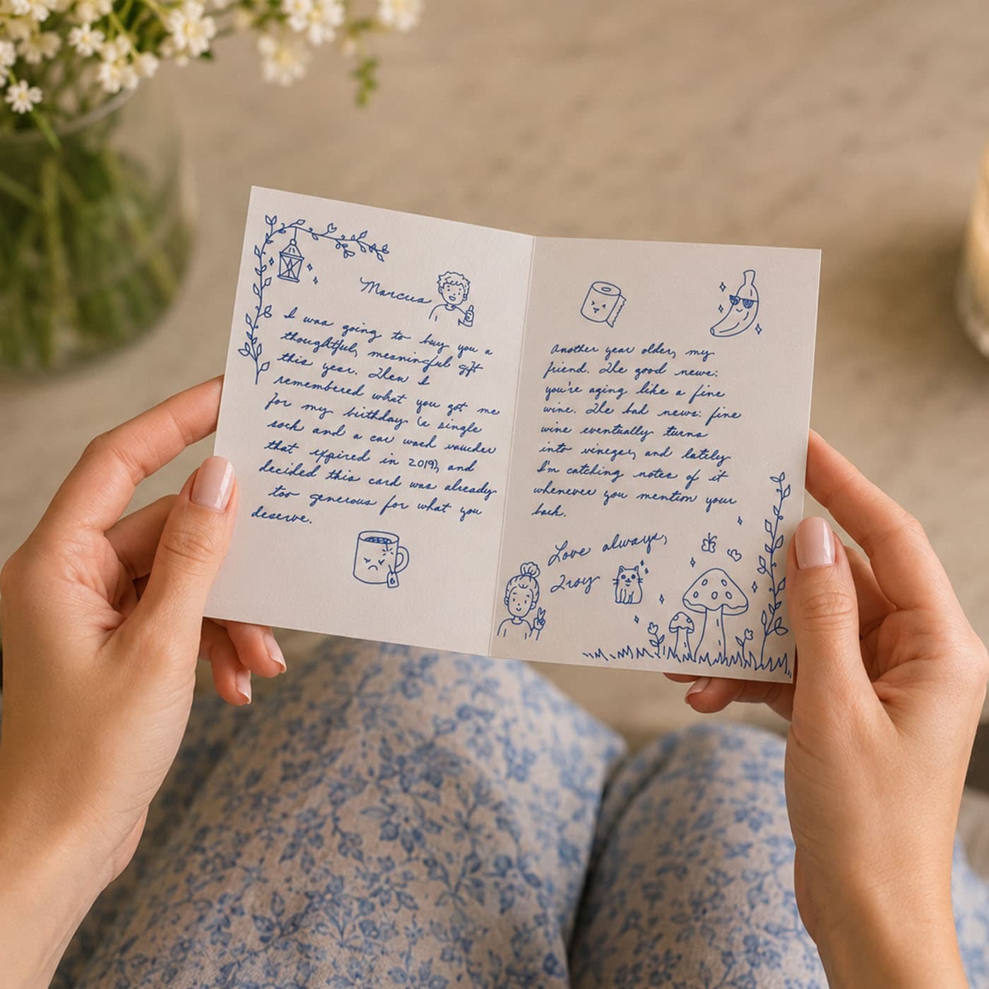 Handwritten card being read