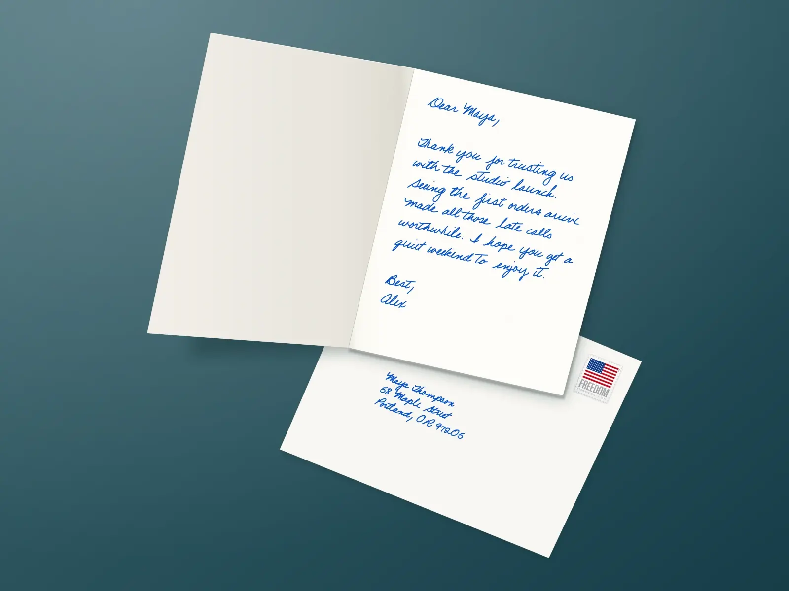A handwritten note thanking Maya for trusting Alex with her studio launch, with a stamped envelope tucked underneath the card.