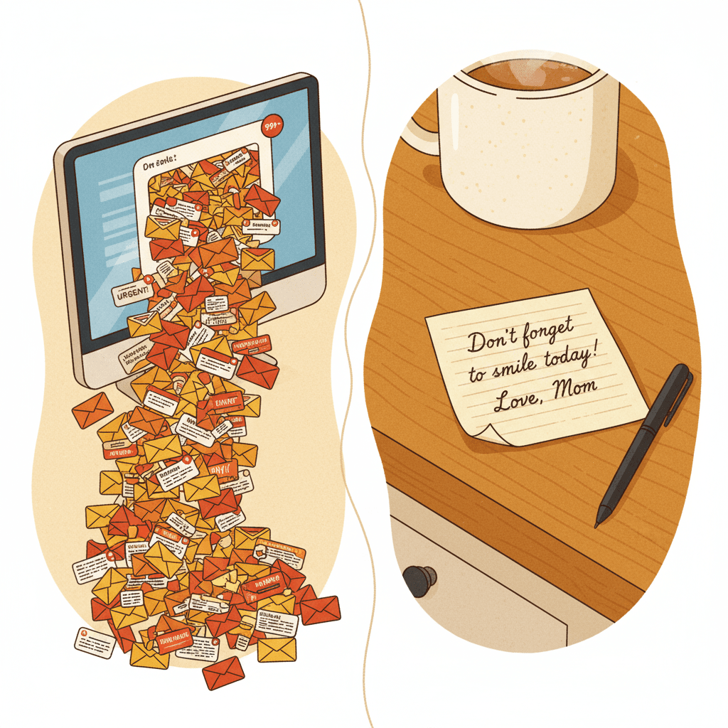 Email inbox overflowing vs. a single handwritten note — the contrast explains why notes cut through