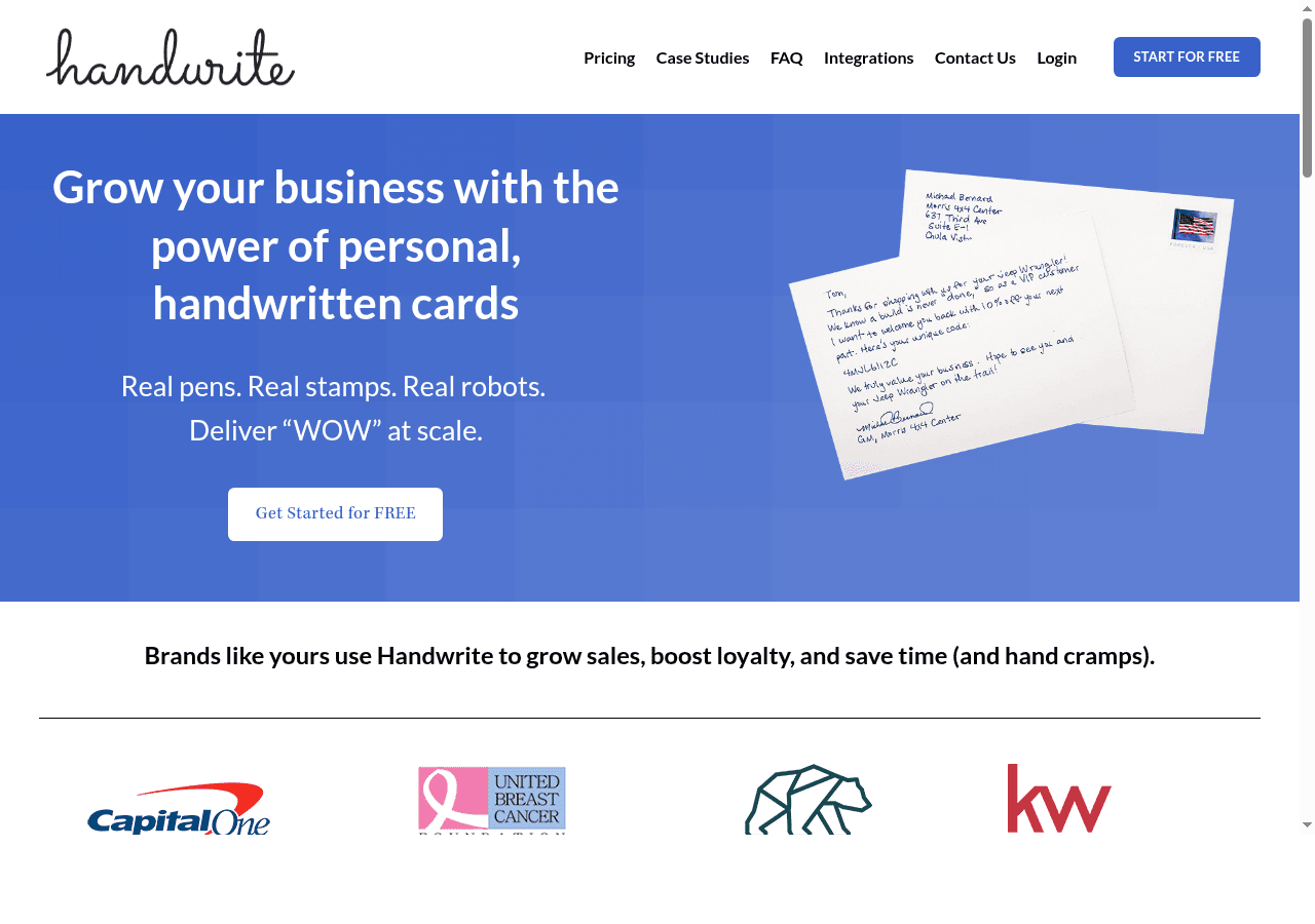 Handwrite.io homepage showing real pens and robots