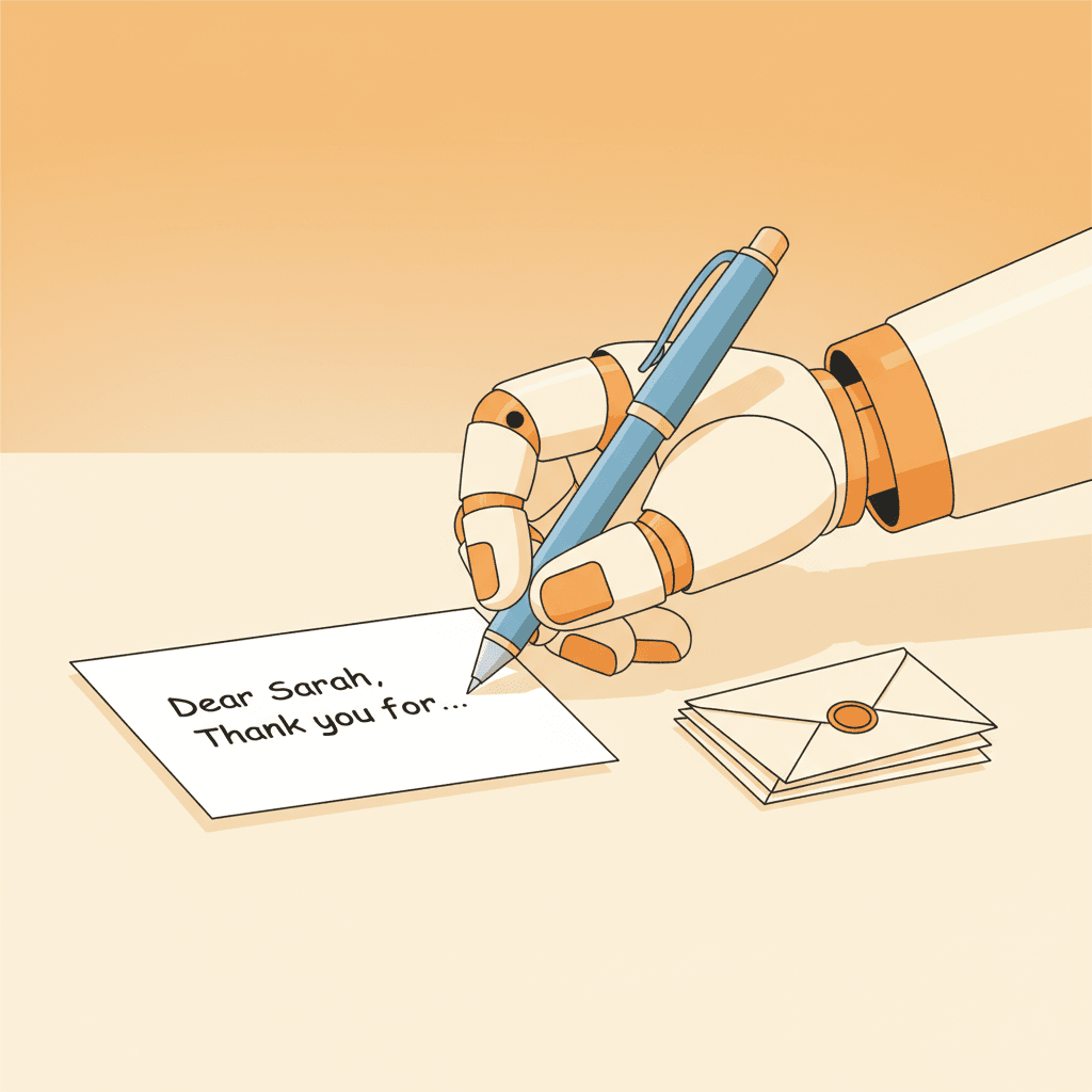 Robotic arm writing a personalized handwritten note card with sealed envelopes ready to mail